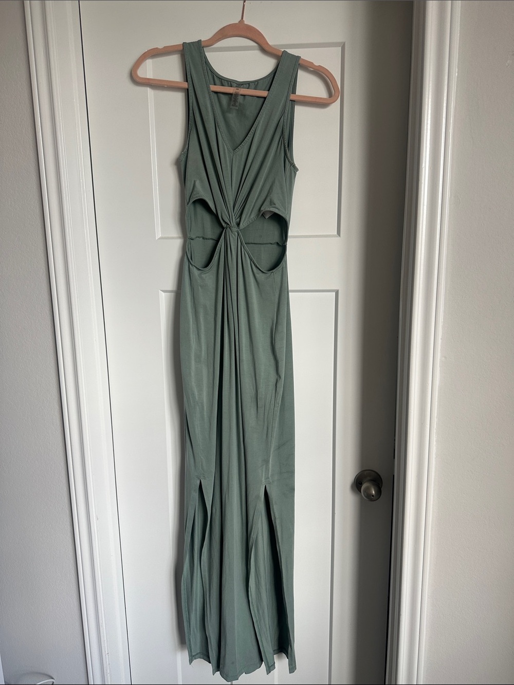 Beyond Yoga - Around the World Sleeveless Sage Green Cutout Maxi Dress